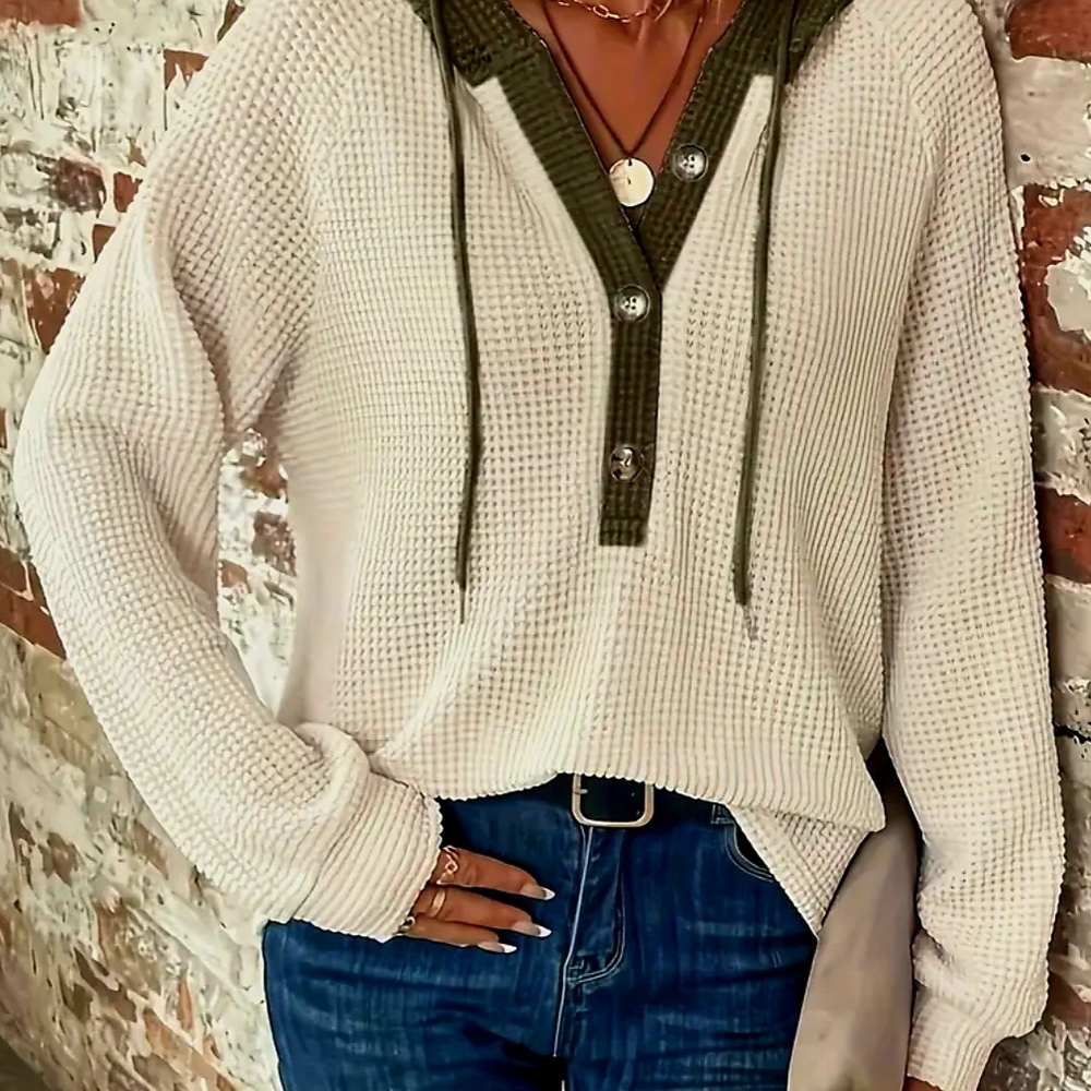 Cream & Green Waffle Knit Hoodie